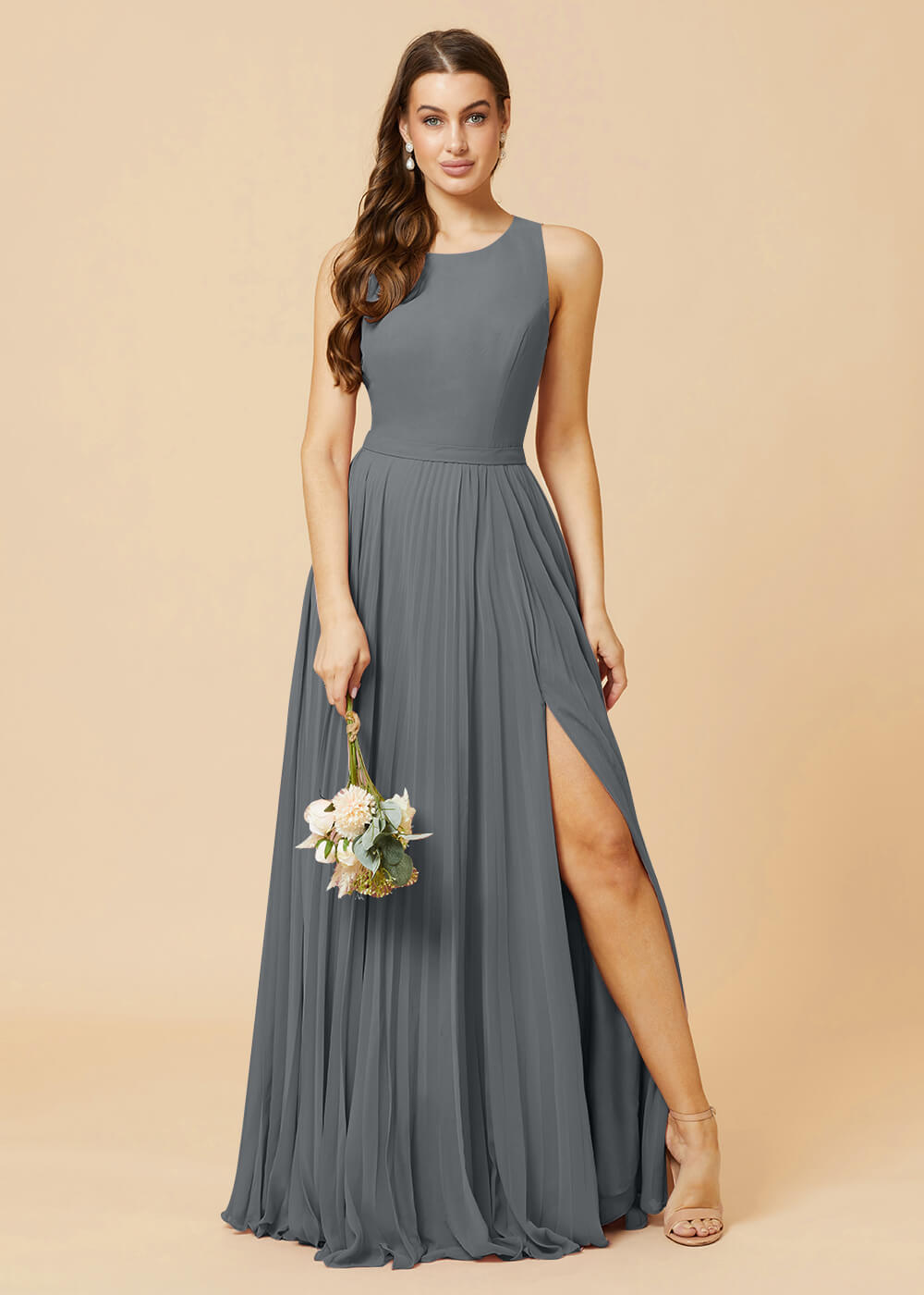 Round Neck A-line Pleated Chiffon Bridesmaid Dress