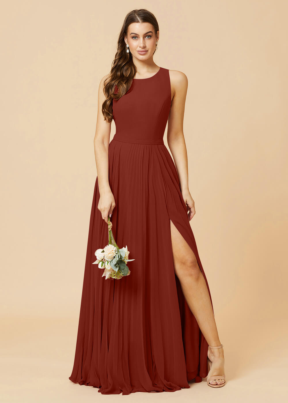 Round Neck A-line Pleated Chiffon Bridesmaid Dress