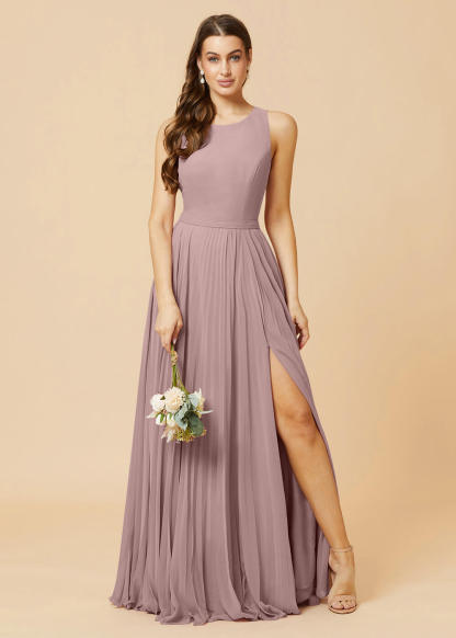 Round Neck A-line Pleated Chiffon Bridesmaid Dress