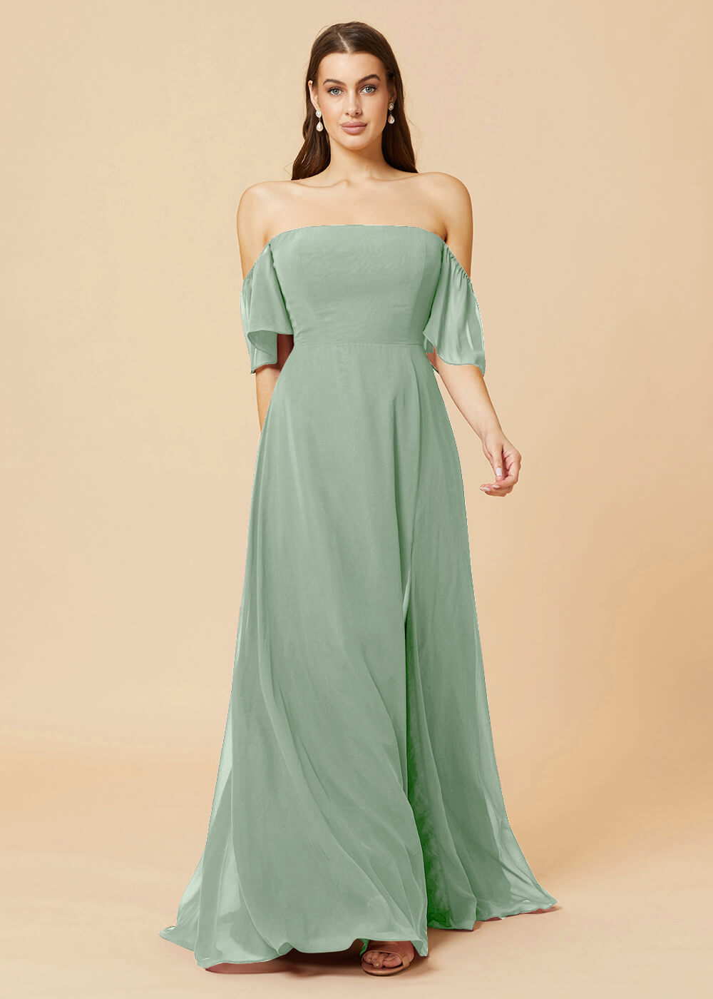 Off the Shoulder Open Back Chiffon Bridesmaid Dress