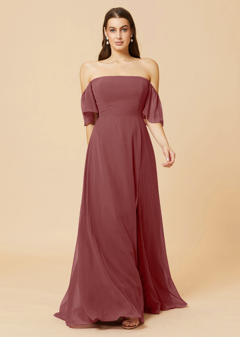 Off the Shoulder Open Back Chiffon Bridesmaid Dress