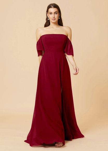 Off the Shoulder Open Back Chiffon Floor Length Bridesmaid Dress with Slit