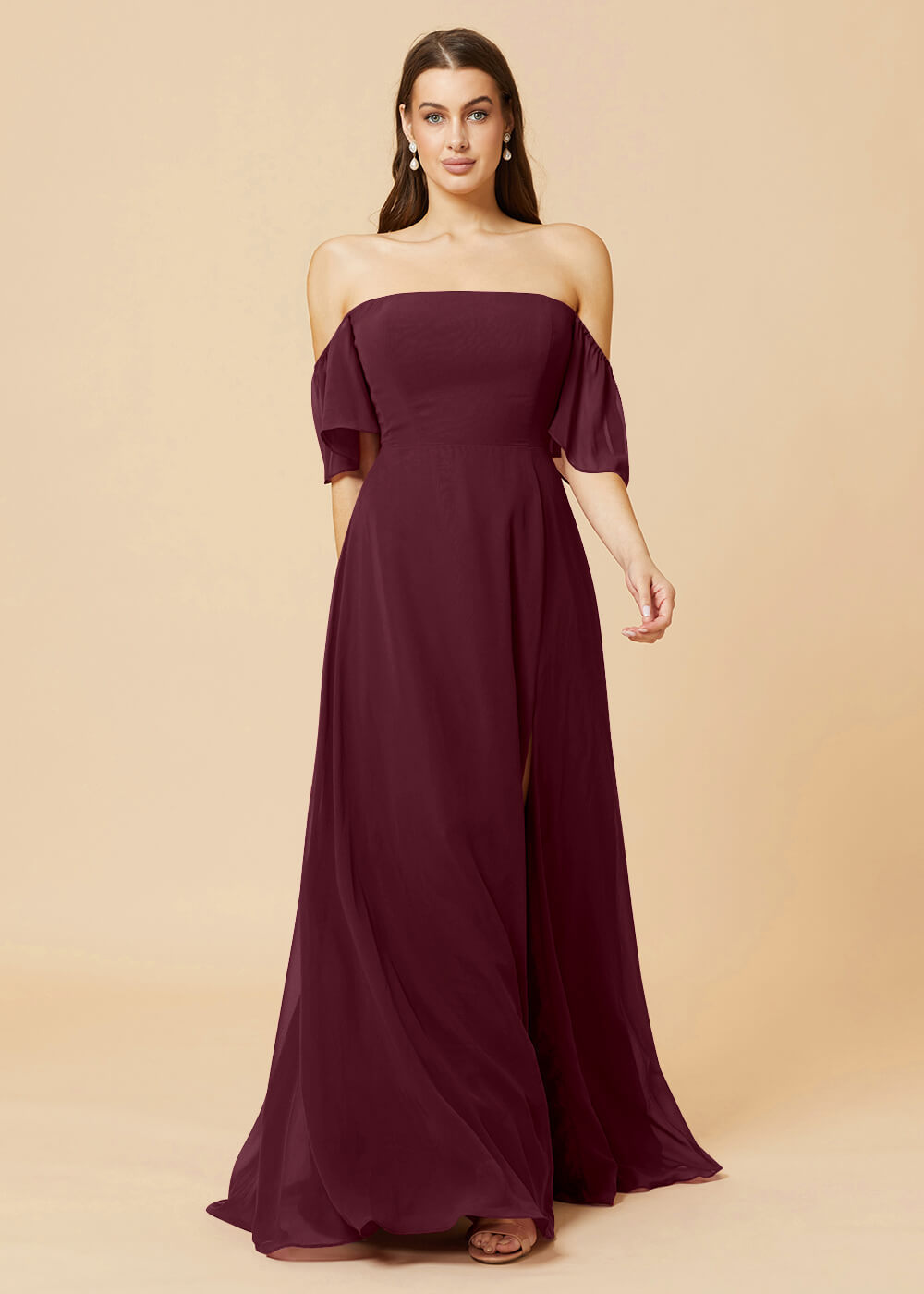 Off the Shoulder Open Back Chiffon Bridesmaid Dress