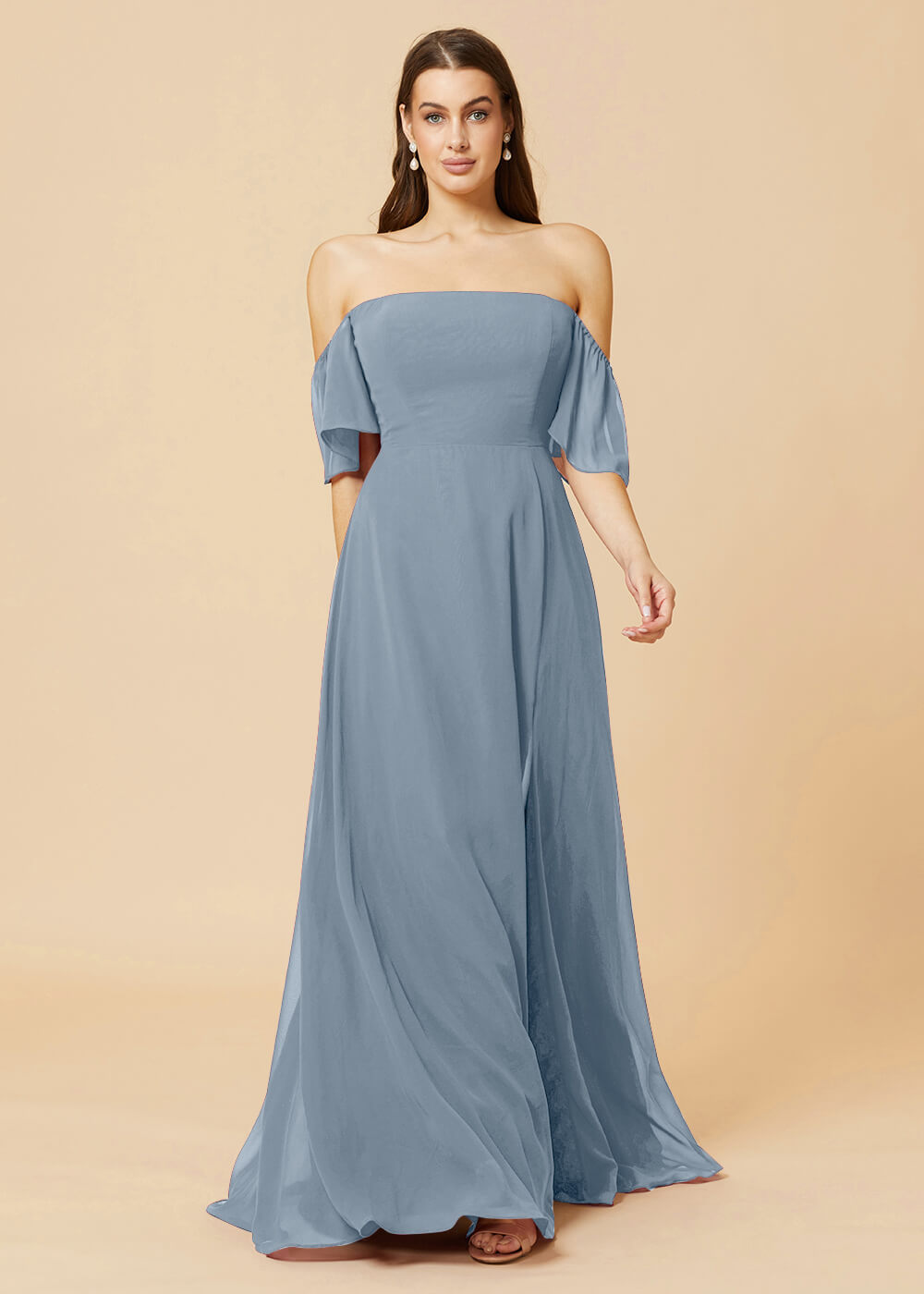 Off the Shoulder Open Back Chiffon Bridesmaid Dress