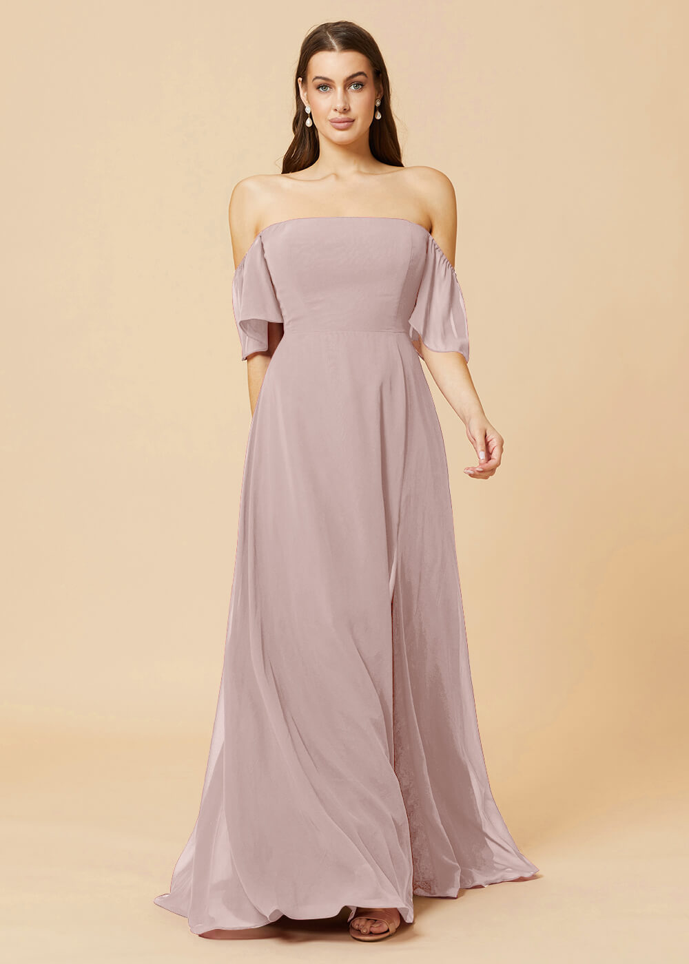 Off the Shoulder Open Back Chiffon Bridesmaid Dress