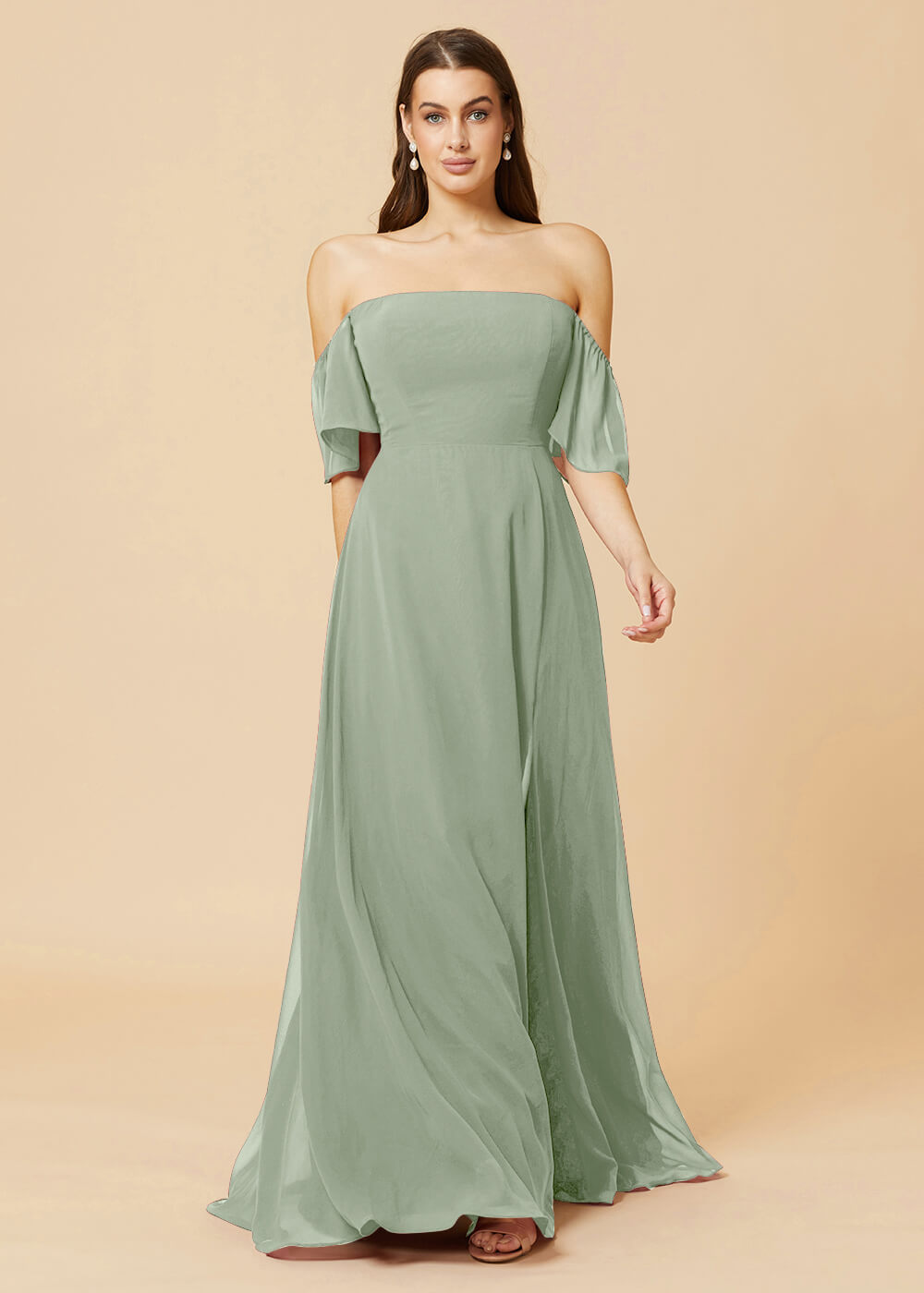 Off the Shoulder Open Back Chiffon Bridesmaid Dress