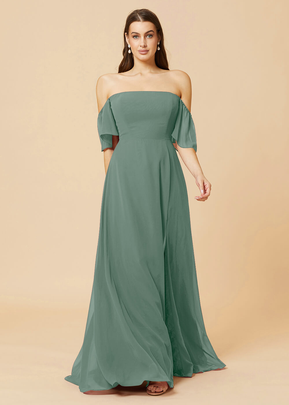 Off the Shoulder Open Back Chiffon Bridesmaid Dress