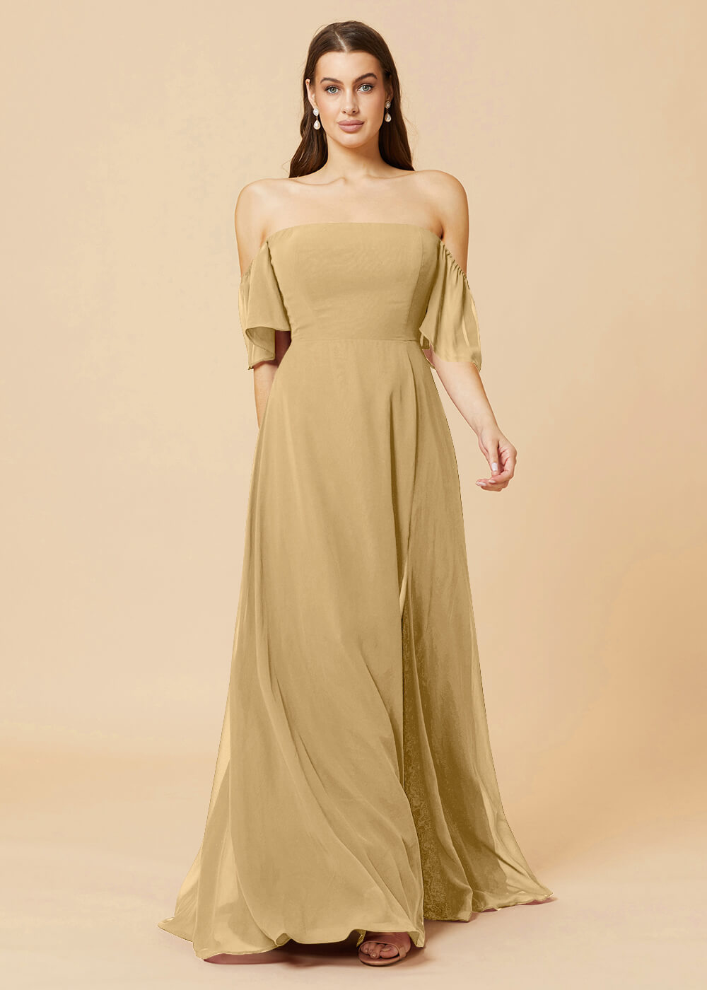Off the Shoulder Open Back Chiffon Bridesmaid Dress