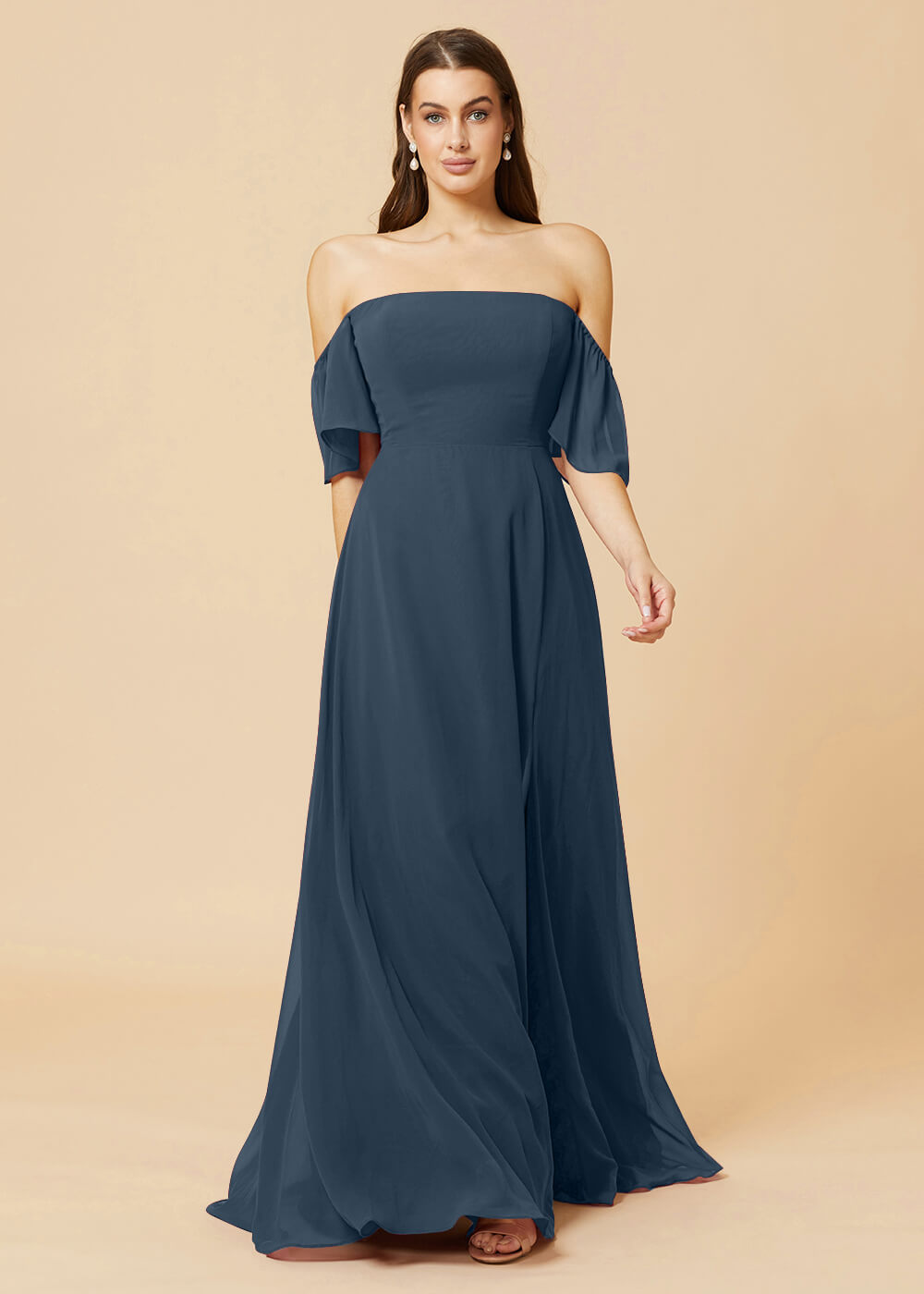 Off the Shoulder Open Back Chiffon Bridesmaid Dress