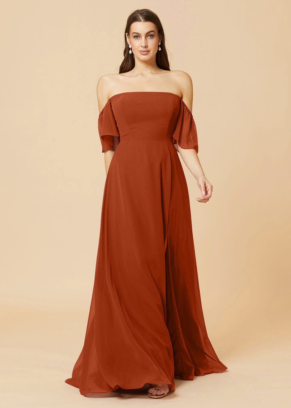 Off the Shoulder Open Back Chiffon Bridesmaid Dress
