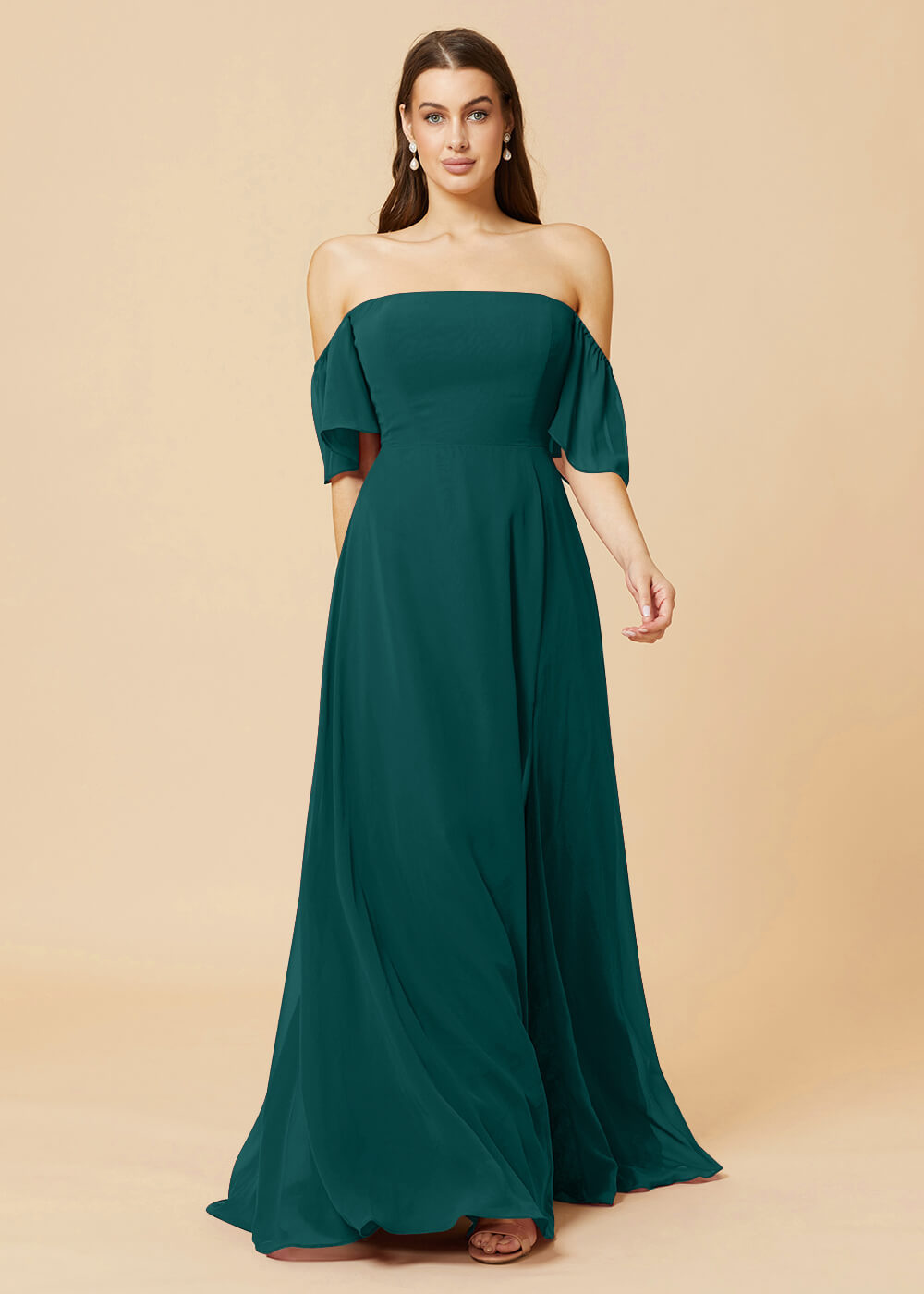 Off the Shoulder Open Back Chiffon Bridesmaid Dress