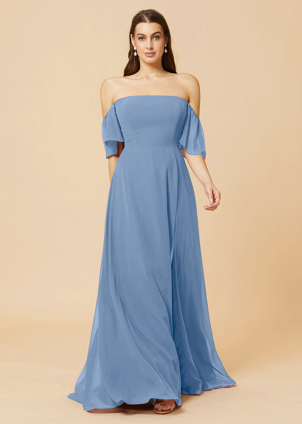 Off the Shoulder Open Back Chiffon Bridesmaid Dress