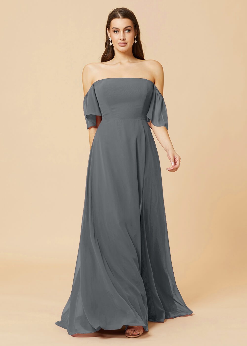 Off the Shoulder Open Back Chiffon Bridesmaid Dress