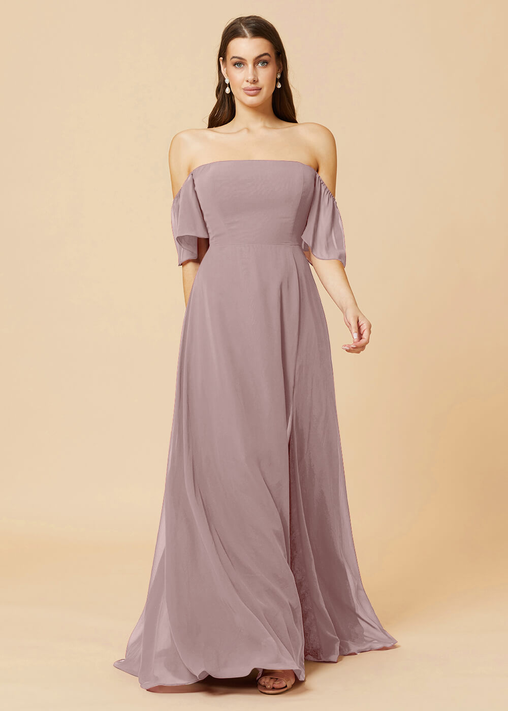 Off the Shoulder Open Back Chiffon Bridesmaid Dress