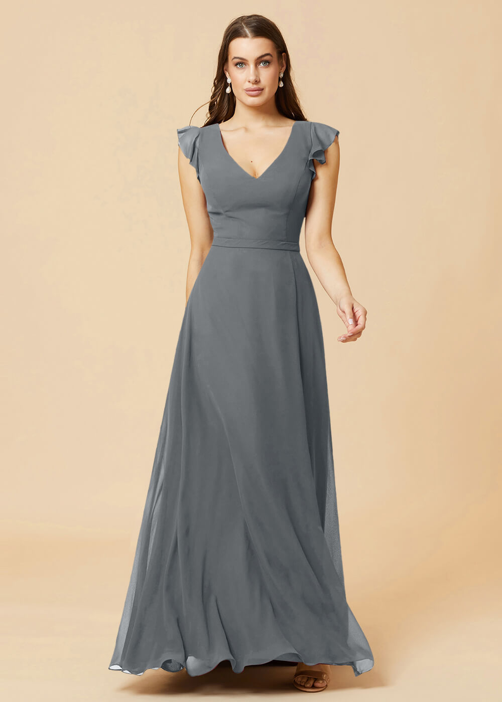 V-neck V-back A-line Chiffon Bridesmaid Dress
