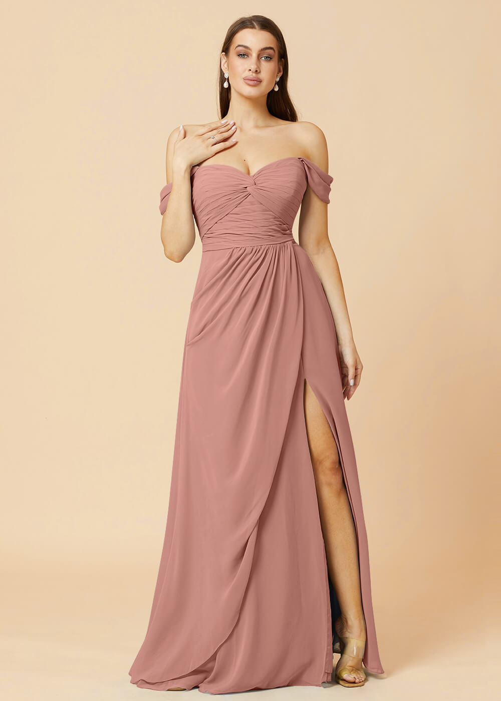 Off the Shoulder Pleated Chiffon A-line Bridesmaid Dress