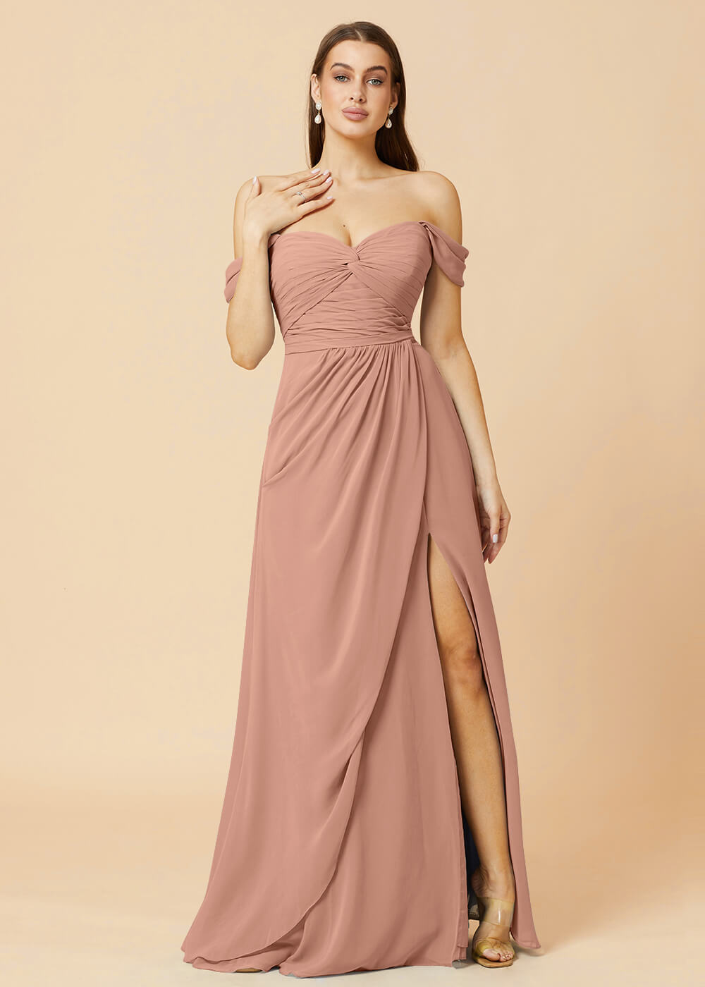 Off the Shoulder Pleated Chiffon A-line Bridesmaid Dress