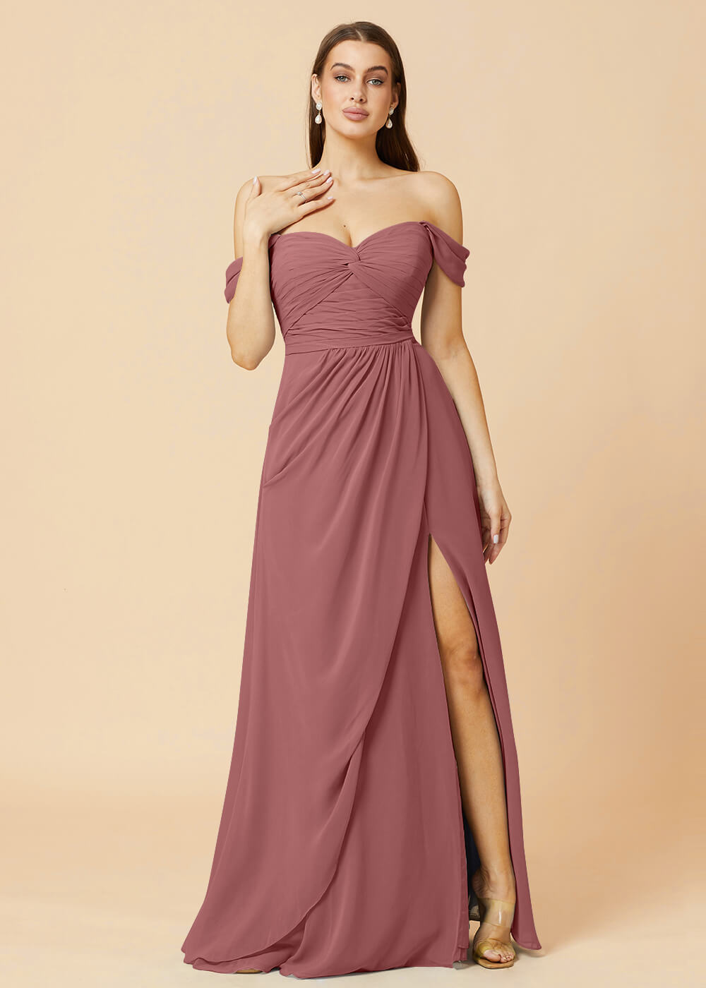 Off the Shoulder Pleated Chiffon A-line Bridesmaid Dress