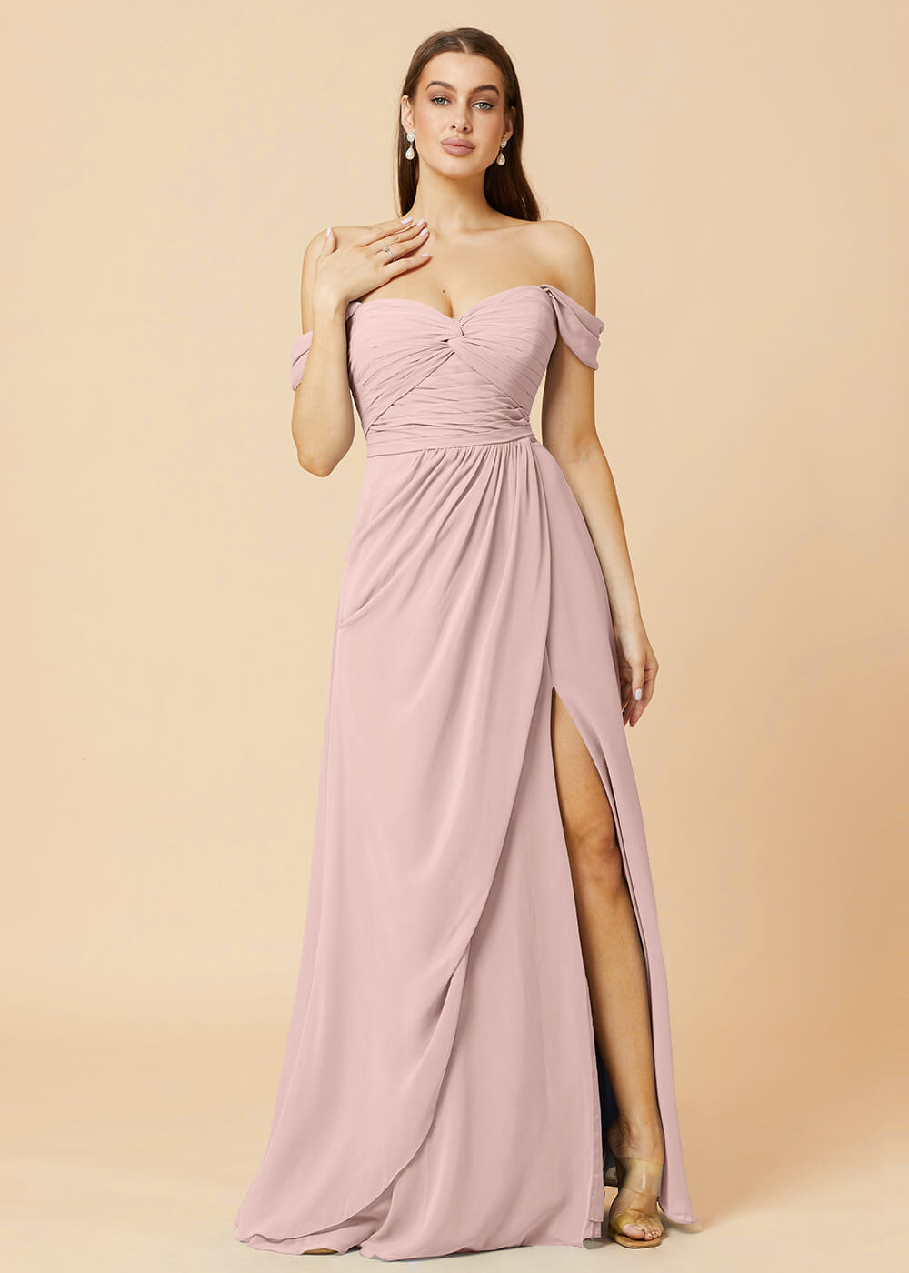Off the Shoulder Pleated Chiffon A-line Bridesmaid Dress