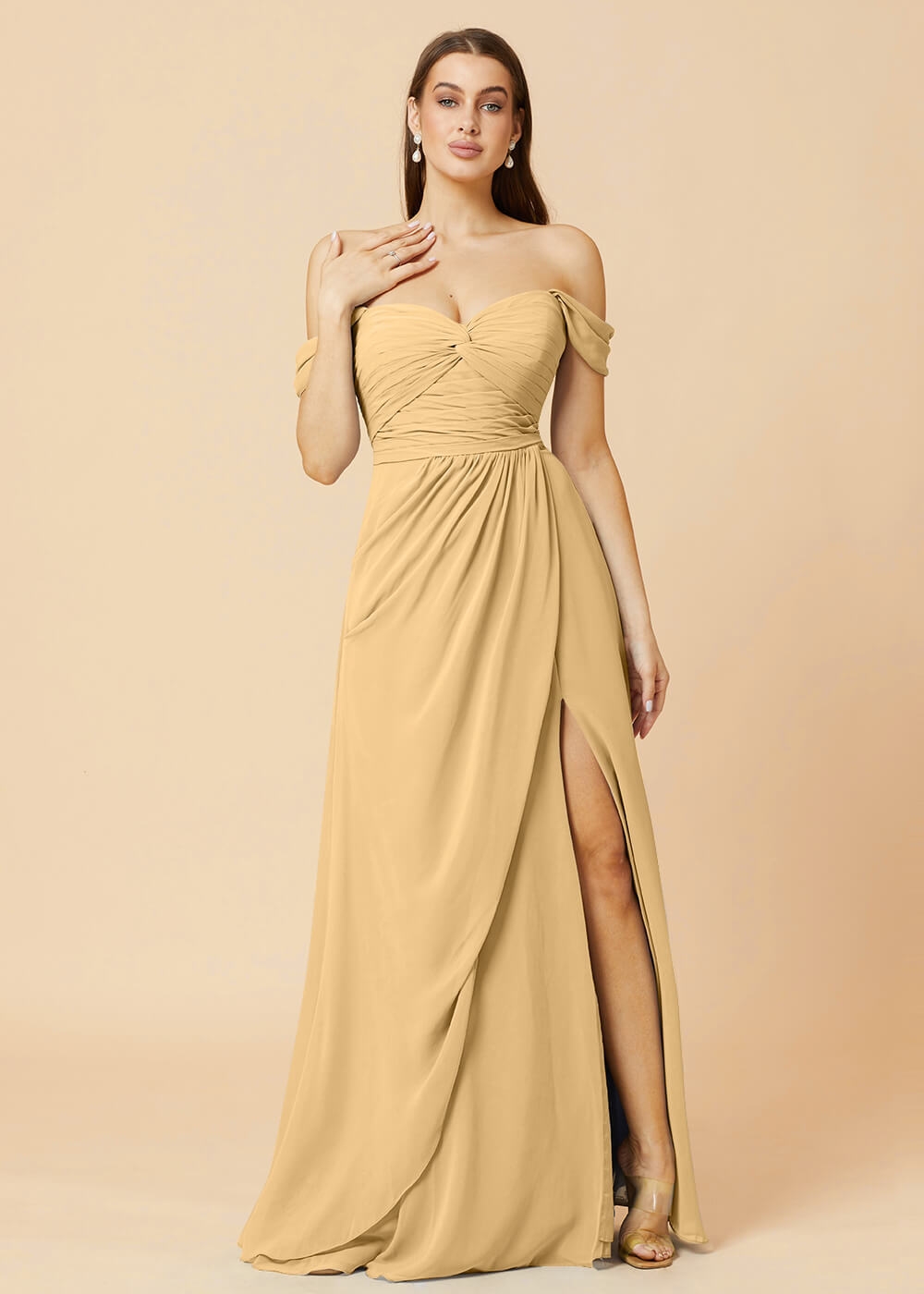 Off the Shoulder Pleated Chiffon A-line Bridesmaid Dress