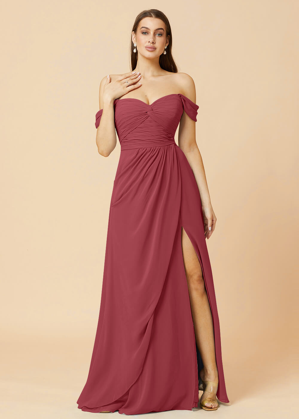 Off the Shoulder Pleated Chiffon A-line Bridesmaid Dress