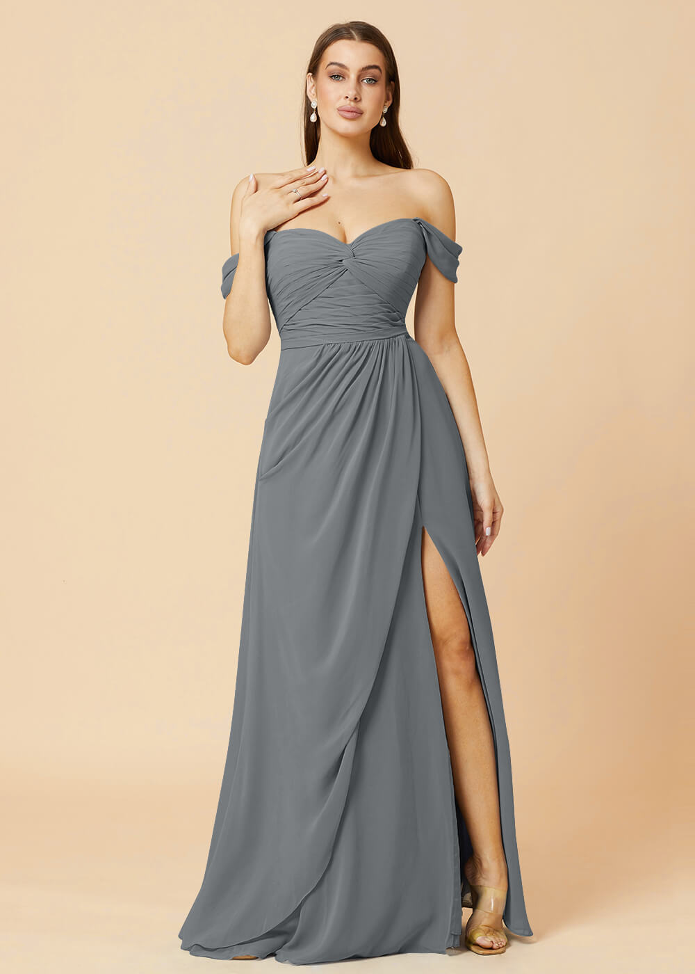Off the Shoulder Pleated Chiffon A-line Bridesmaid Dress