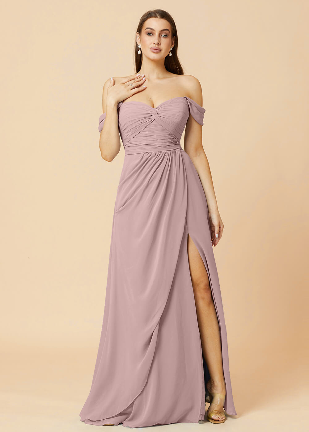 Off the Shoulder Pleated Chiffon A-line Bridesmaid Dress