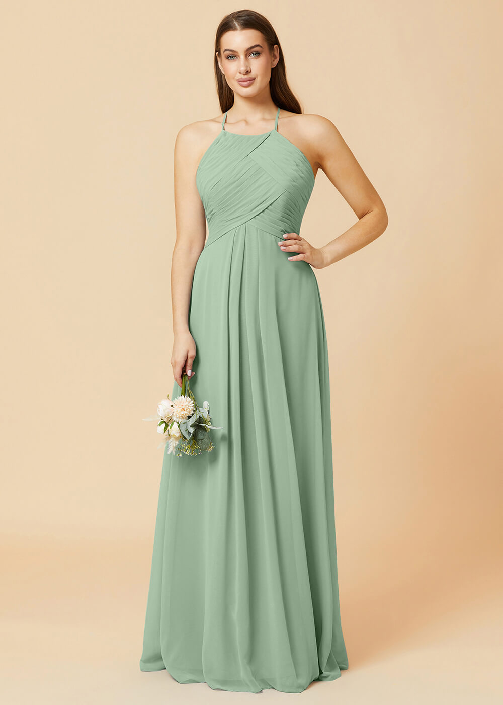 Halter Neck Pleated Chiffon Bridesmaid Dress