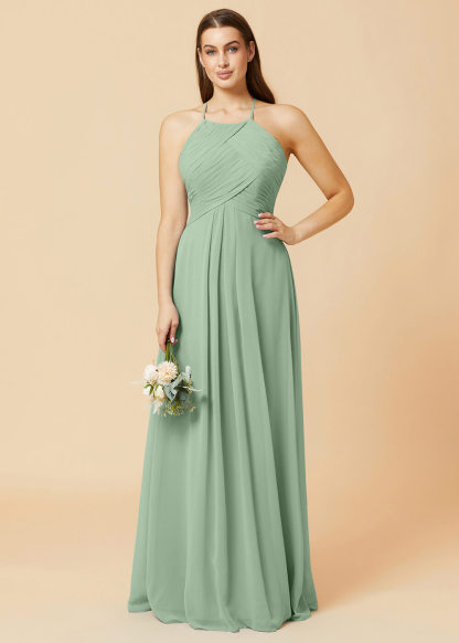 Halter Neck Pleated Chiffon Bridesmaid Dress