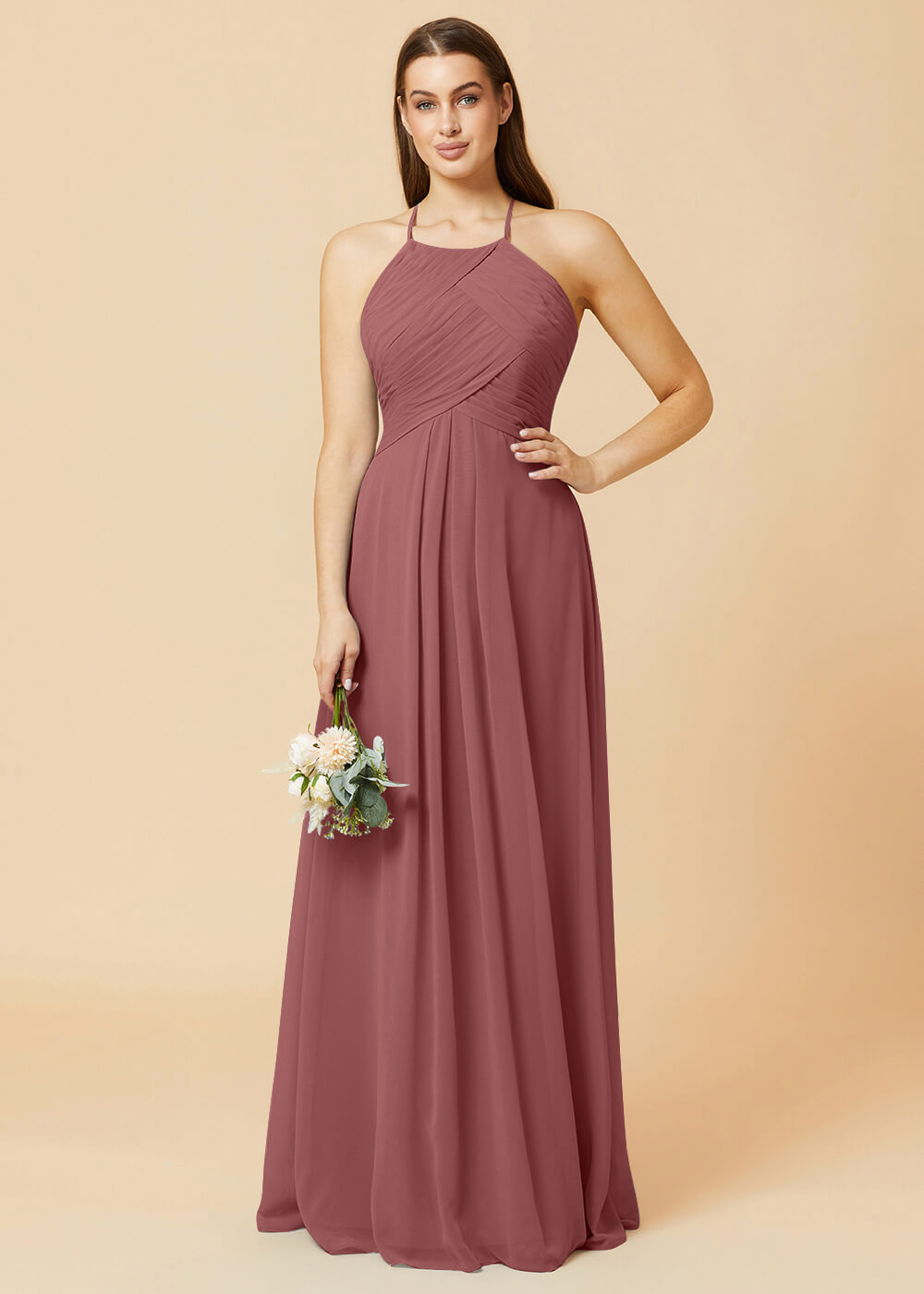 Halter Neck Pleated Chiffon Bridesmaid Dress