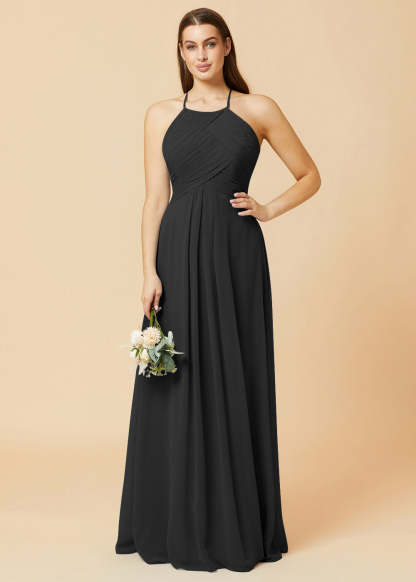 Halter Neck Pleated Chiffon Bridesmaid Dress