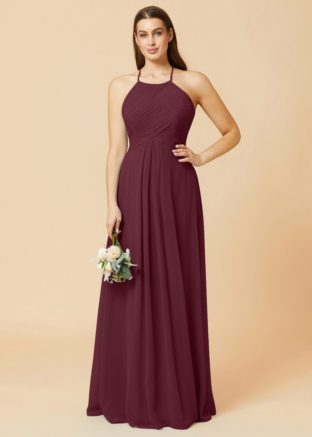Halter Neck Pleated Chiffon Bridesmaid Dress