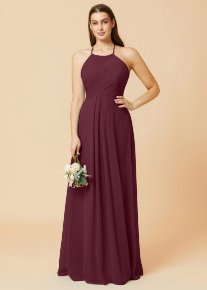 Halter Neck Pleated Chiffon Bridesmaid Dress