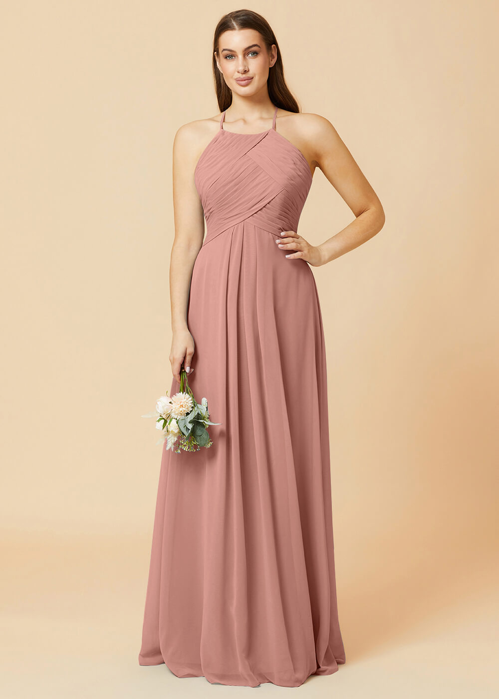 Halter Neck Pleated Chiffon Bridesmaid Dress