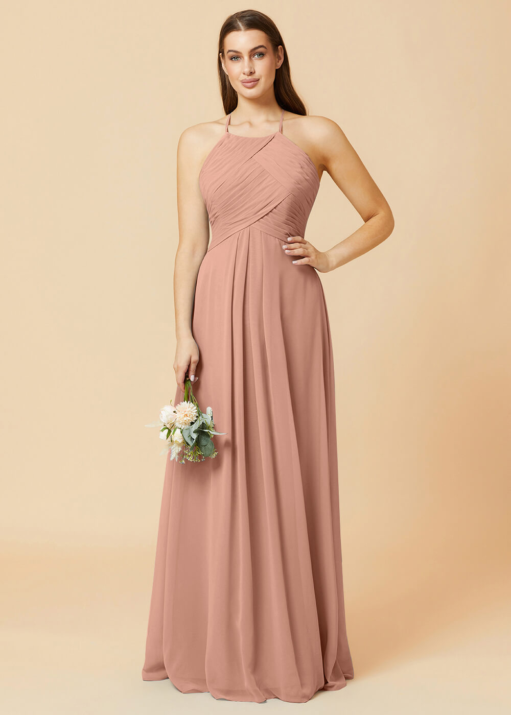 Halter Neck Pleated Chiffon Bridesmaid Dress