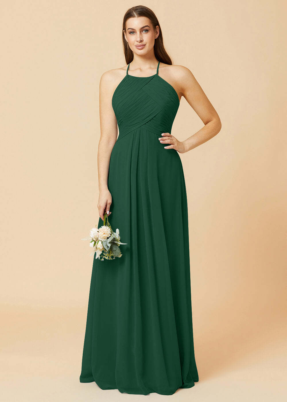 Halter Neck Pleated Chiffon Bridesmaid Dress