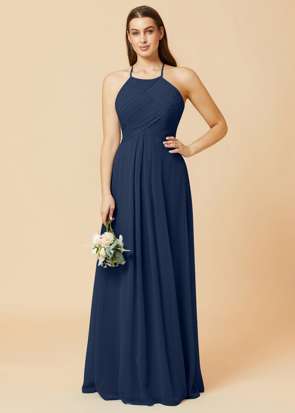 Halter Neck Pleated Chiffon Bridesmaid Dress