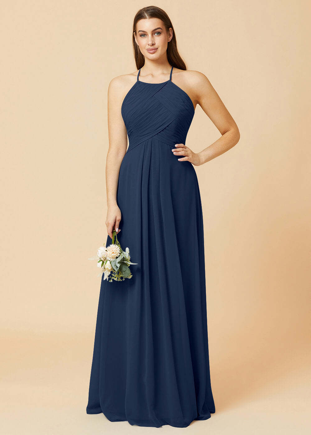 Halter Neck Pleated Chiffon Bridesmaid Dress