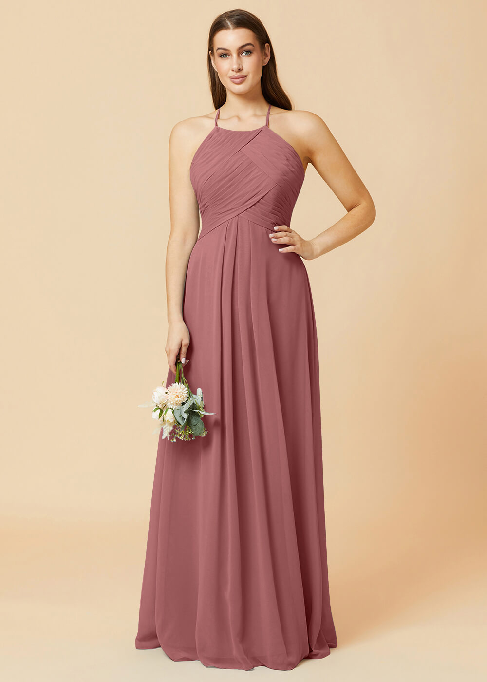 Halter Neck Pleated Chiffon Bridesmaid Dress