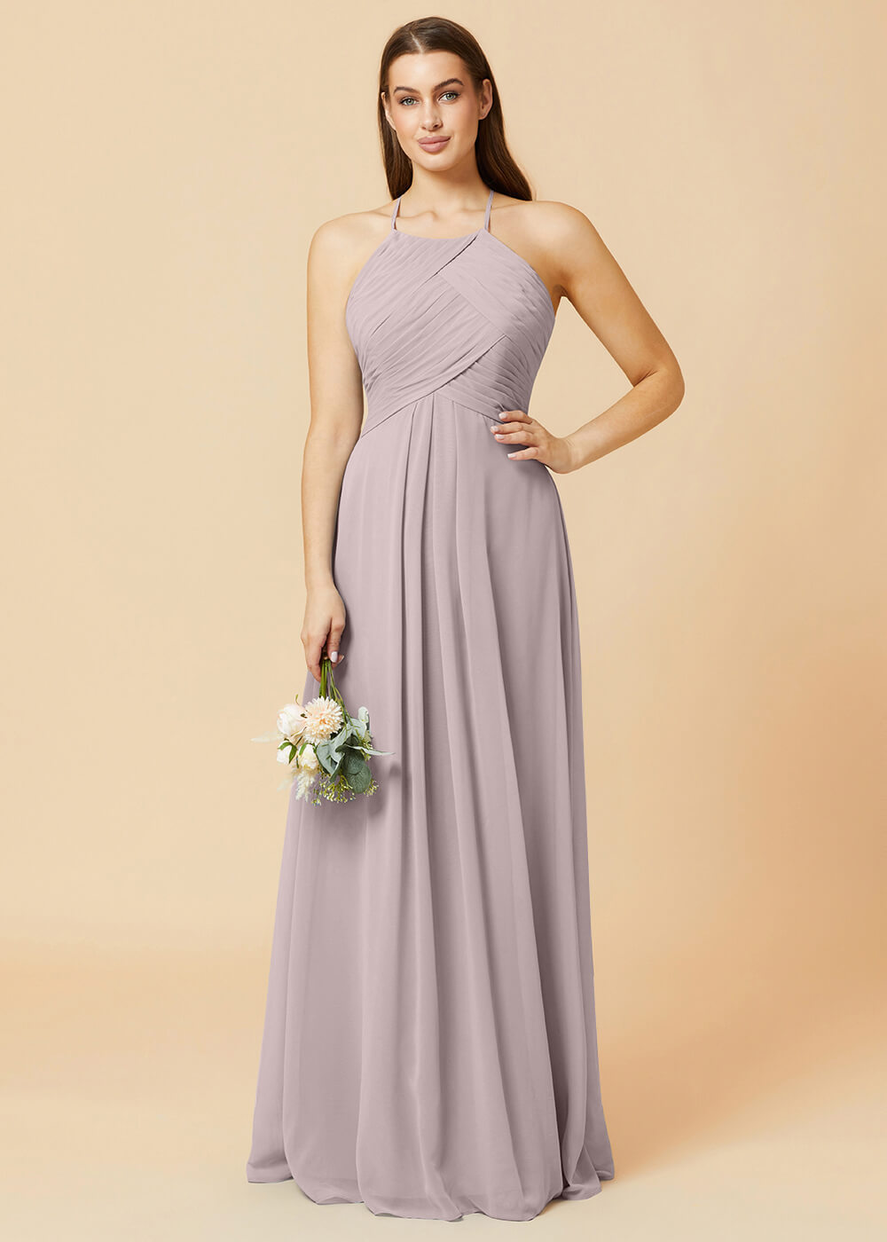 Halter Neck Pleated Chiffon Bridesmaid Dress
