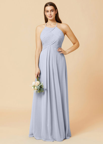 Halter Neck Pleated Chiffon Floor Length Bridesmaid Dress