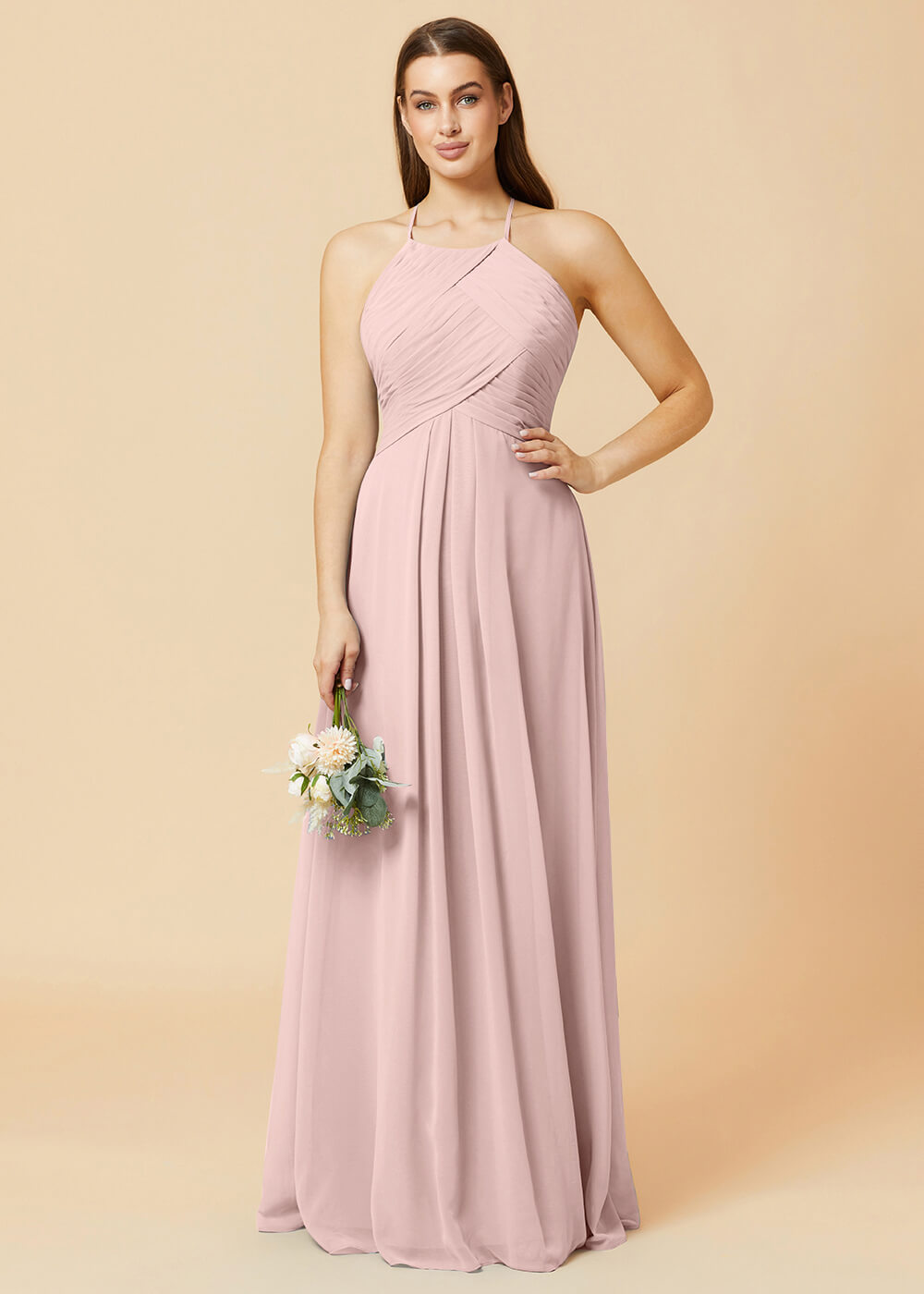Halter Neck Pleated Chiffon Bridesmaid Dress