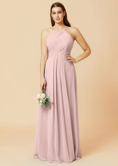 Halter Neck Pleated Chiffon Bridesmaid Dress