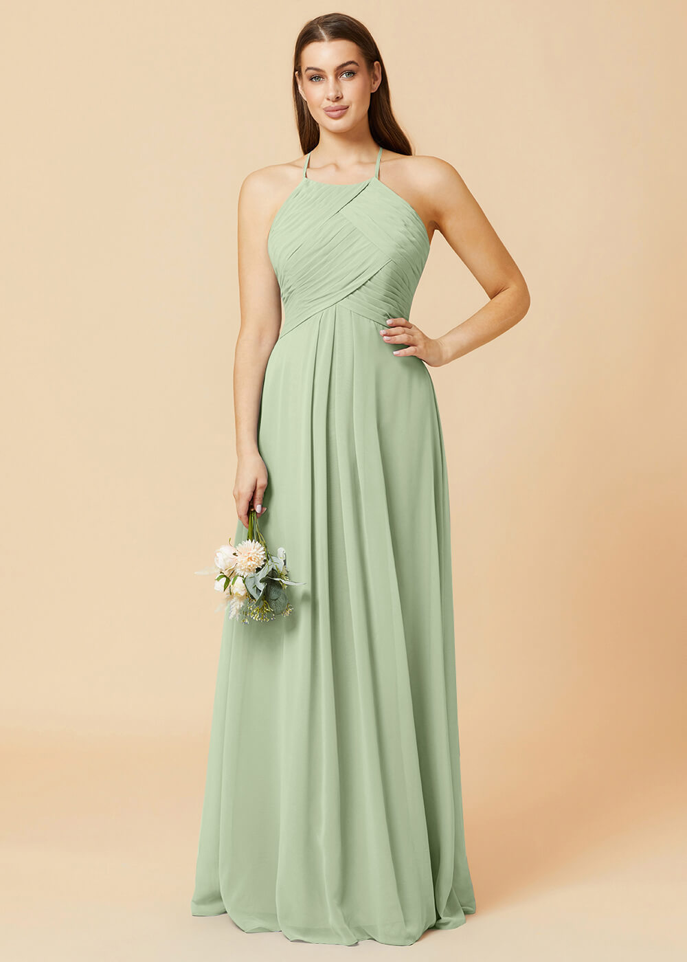 Halter Neck Pleated Chiffon Bridesmaid Dress