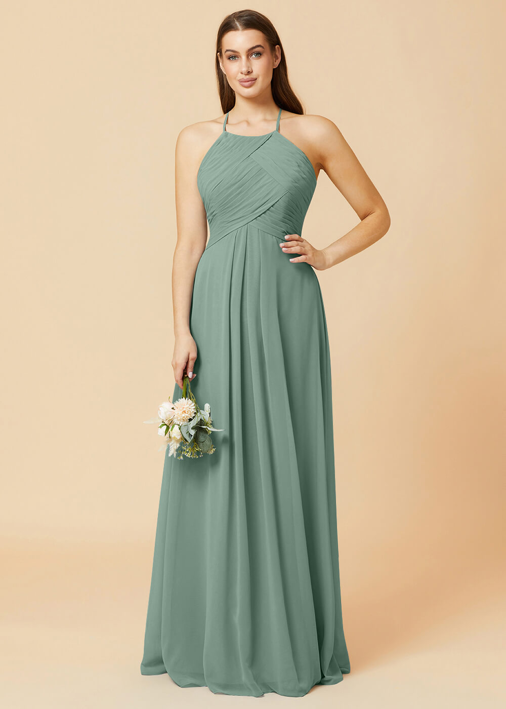 Halter Neck Pleated Chiffon Bridesmaid Dress