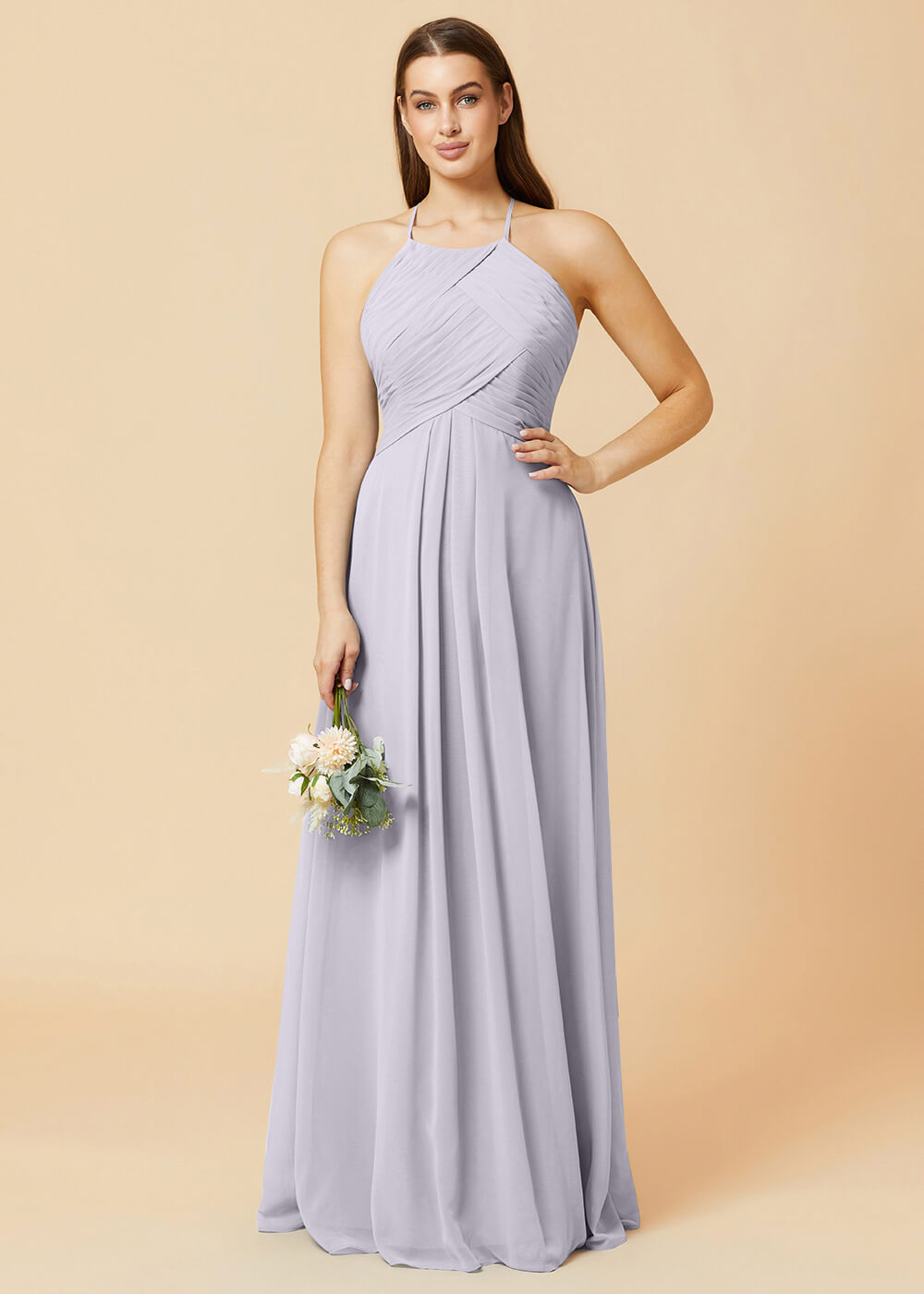 Halter Neck Pleated Chiffon Bridesmaid Dress