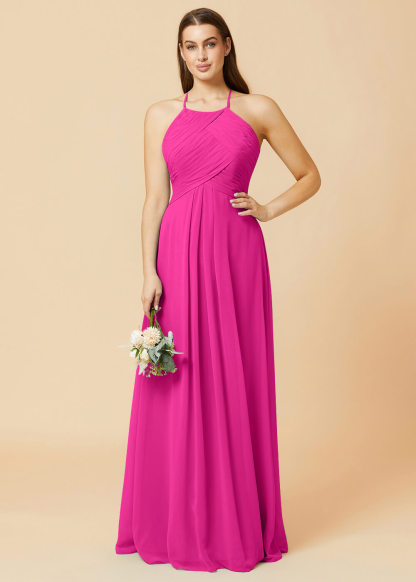 Halter Neck Pleated Chiffon Bridesmaid Dress
