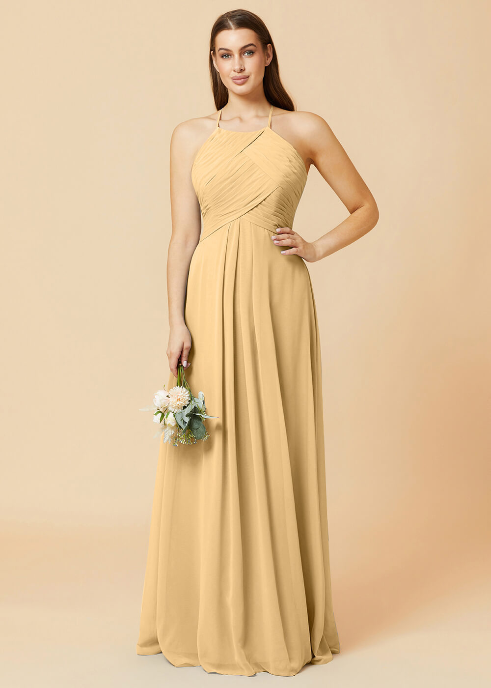 Halter Neck Pleated Chiffon Bridesmaid Dress