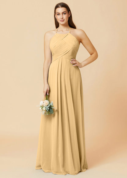 Halter Neck Pleated Chiffon Bridesmaid Dress