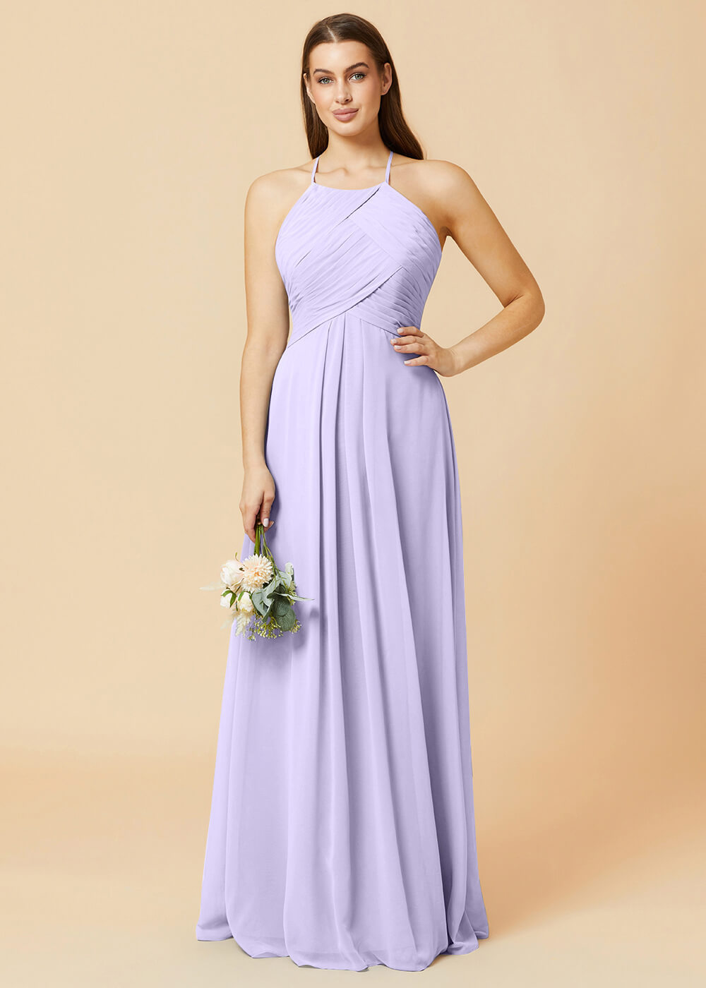 Halter Neck Pleated Chiffon Bridesmaid Dress
